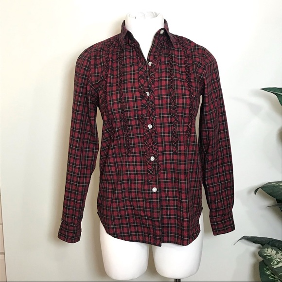 Vintage LAUREN RALPH LAUREN Plaid Ruffle Button Down Long Sleeve Top - Picture 2 of 7